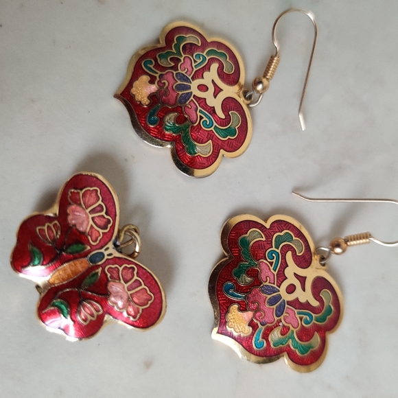 Vintage Cloisonne Enamel Earrings & Butterfly 🦋 Pendant Set - Picture 8 of 13